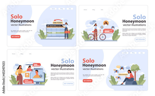 Solo travel, honeymoon web banner or landing page set. Female character