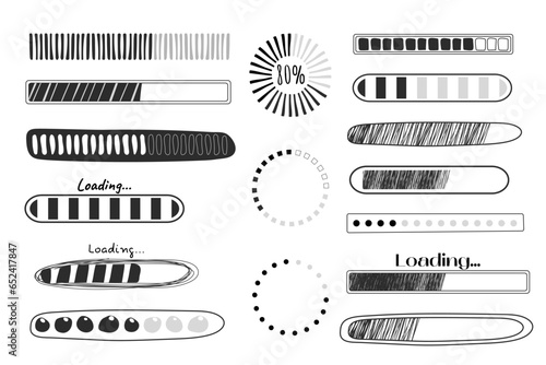 Set Loading bar, progress in doodle style isolated on white background. Indicator, line hand drawn sketch.