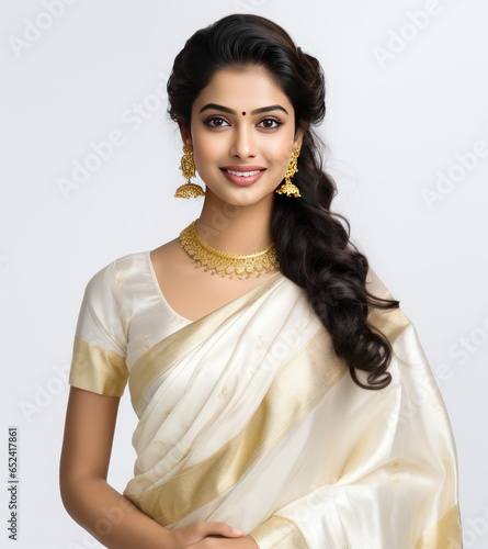 beautiful indian women with Smile in White and Gold Kanjeevaram Elegance isolated on white background  photo