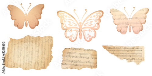Set Butterfly silhouette papercut from parchment with music vintage decoration scrapbook element isolated on white background.