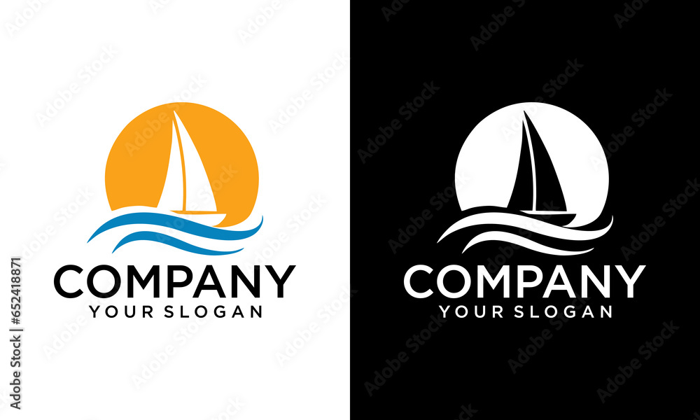 Yachting club icon. Sea travel agency, vacation marine tour or water transport company simple vector symbol. Yachting sport club or regatta minimalistic icon or sign with sail boat on ocean blue wave Yachting club icon. Sea travel agency, vacation marine tour or water transport company simple vector symbol. Yachting sport club or regatta minimalistic icon or sign with sail boat on ocean blue wave