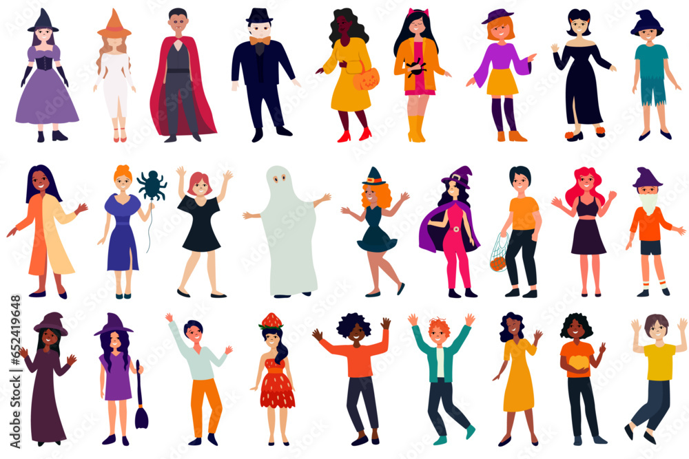 Set of different people celebrating halloween, flat illustration, smiling people in costumes