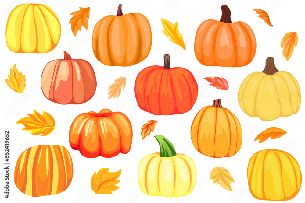 Set of different pumpkins, autumn season, autumn leaves, clip art, cartoon pumpkins for holiday decoration Set of different pumpkins, autumn season, autumn leaves, clip art, cartoon pumpkins for holiday decoration