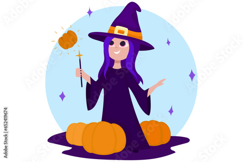 Halloween illustration with a cute witch doing magic with a  pumpkin