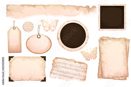 Set vintage labels with rope, photo frames pieces torn paper butterfly from sheets aged carton isolated on white background, textured empty frames.