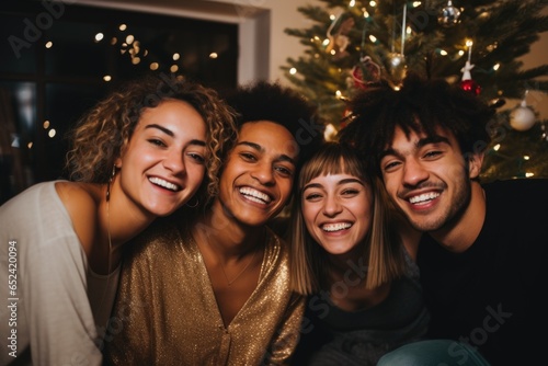 Portrait of a Young and diverse group of friends celebrating the Christmas and new year holidays together at home © Geber86
