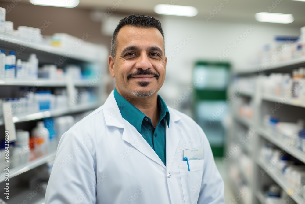 Portrait of a senior Caucasian male pharmacist posing in a in modern pharmacy