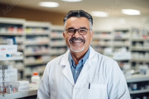 Portrait of a senior Caucasian male pharmacist posing in a in modern pharmacy © Geber86