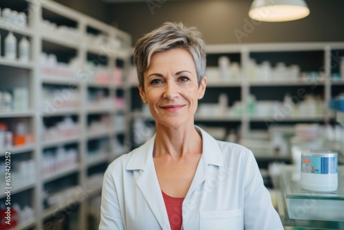 Portrait of a middle aged female Caucasian pharmacist posing in a in modern pharmacy