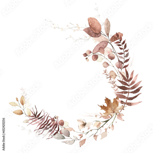 Watercolor autumn greenery semicircle frame. Beige, burgundy, brown wild eucalyptus branches, maple leaves and twigs.
