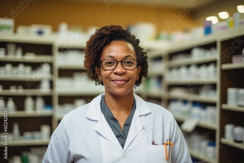 Portrait of a African American female pharmacist posing in a in modern pharmacy