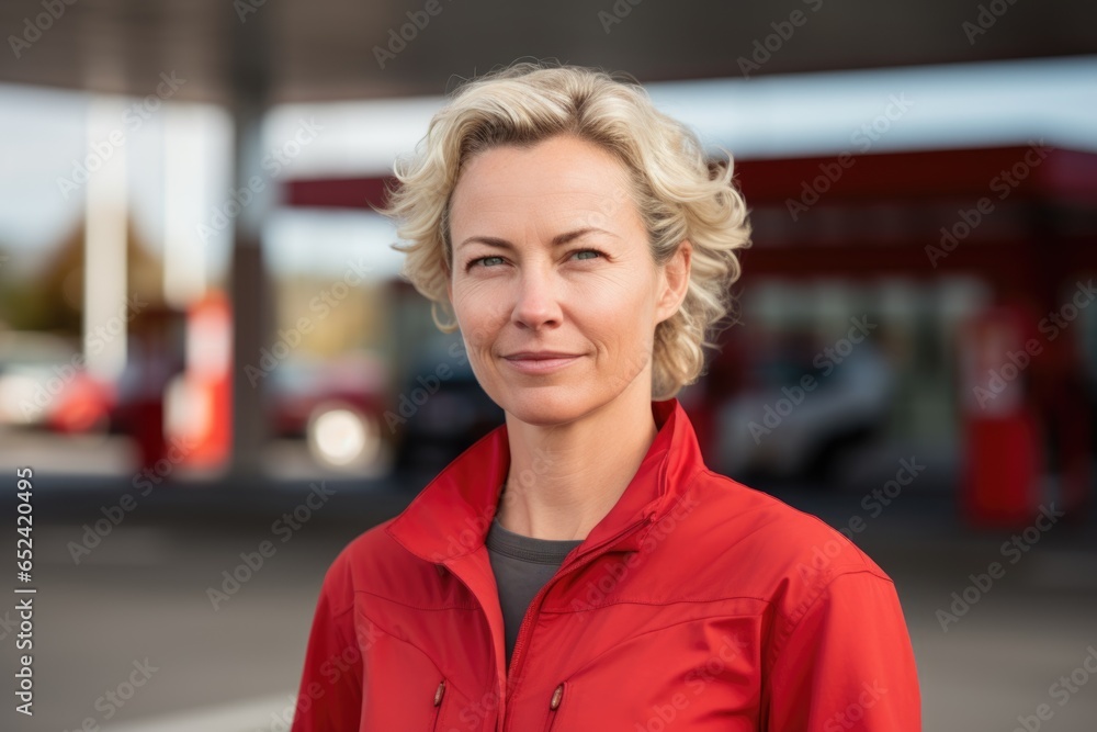 Portrait of a middle aged Caucasian female gas station worker at the gas station - obrazy, fototapety, plakaty 