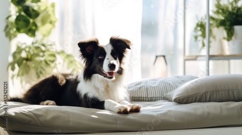 Cute domestic border collie dog in a cozy well lit bedroom. Indoor background with copy space.