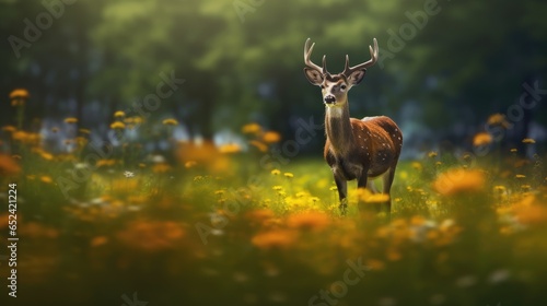 Beautiful deer stag with big antlers on a meadow full of wild flowers. Sketchbook horizontal cover template. Outdoor nature background.