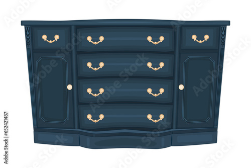 Chest of drawers on white background. Blue wooden commode with golden handles. Piece of bedroom furniture and home interior. Dresser or console table for bedroom and living room. Vector illustration