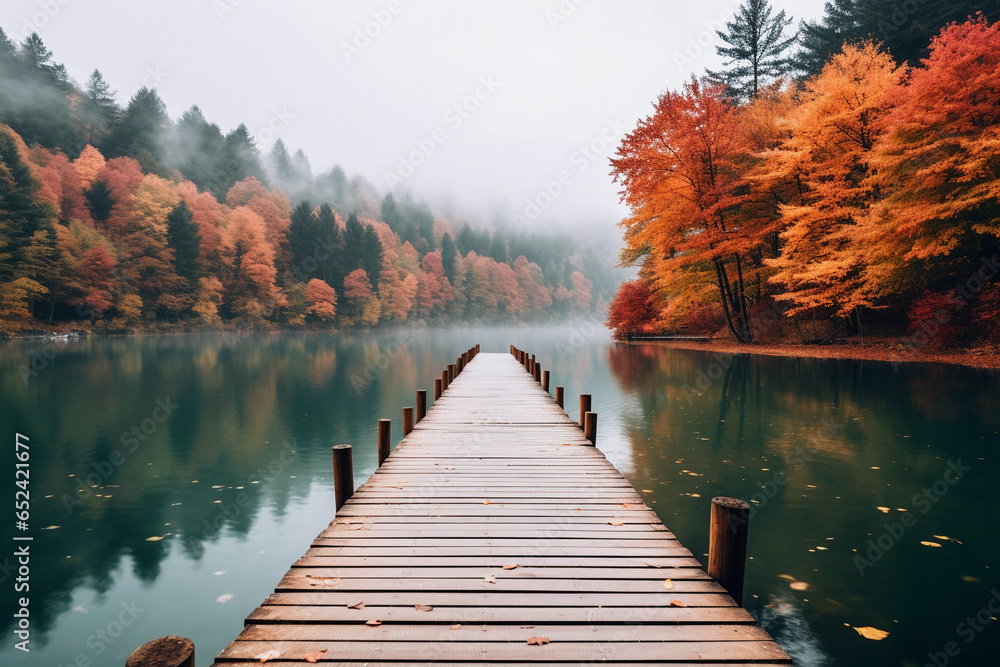 A dock with wooden path on a lake with autumn forest landscape. Beautiful fall nature background, calm blue water in the river. - obrazy, fototapety, plakaty 