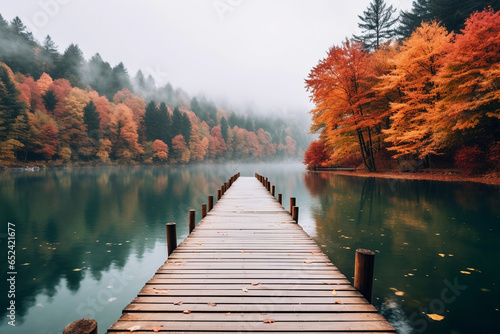 Fotomurale A dock with wooden path on a lake with autumn forest landscape