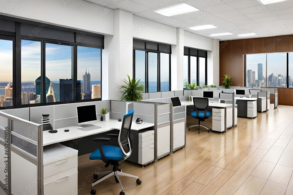 Panoramic company office cubicles in city