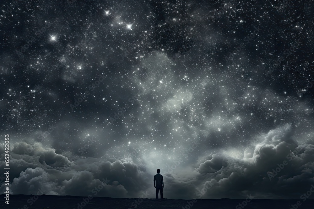 Person under dark night starry cloud with moving stars Generative AI - obrazy, fototapety, plakaty 