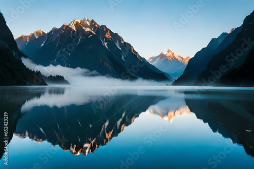New Zealand, Westland District, Fox Glacier, Lake Matheson at dawn with mountains shrouded in fog in background