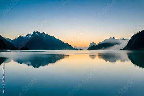 New Zealand's Westland District, Fox Glacier, and Lake Matheson before sunrise with mountains cloaked in fog in the backdrop
