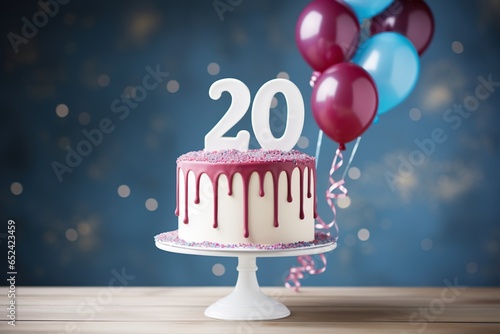 Birthday cake on a 20 years decorated with topper number twenty on a blue background with colorful balloons.