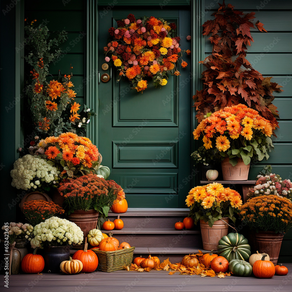 entrance door to the house, autumn still life with pumpkins and flowers