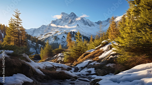 Alpine panorama  dense evergreen forest blanketed in fresh snow  morning light illuminating peaks  clear blue sky  wide - angle shot