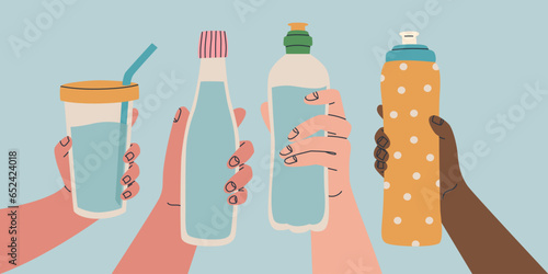 Reusable water container. Various poses of hands holding bottle, tumbler, sports water bottle. Use your own bottle. Vector isolated illustration for design.