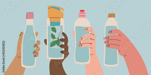Reusable water container. Various poses of hands holding bottle, tumbler, sports water bottle. Use your own bottle. Vector isolated illustration for design.