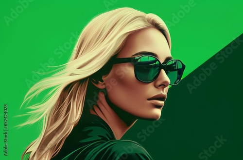 Green sunglasses blondie portrait. Generate Ai