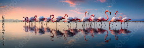 Cinematic capture of a flock of flamingos in shallow waters, low - angle shot, mirror - like water reflection, vivid pinks and blues, ultra wide angle lens