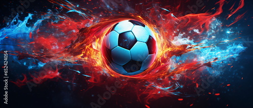 Fiery Soccer Ball In Goal In red and blue Flames, soccer ball in red and blue flames and smoke light background. creative sport wallpaper Generative AI © Mickael