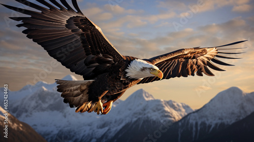 bald eagle soaring over a mountain range  sharp focus  immense details on feathers  dynamic pose