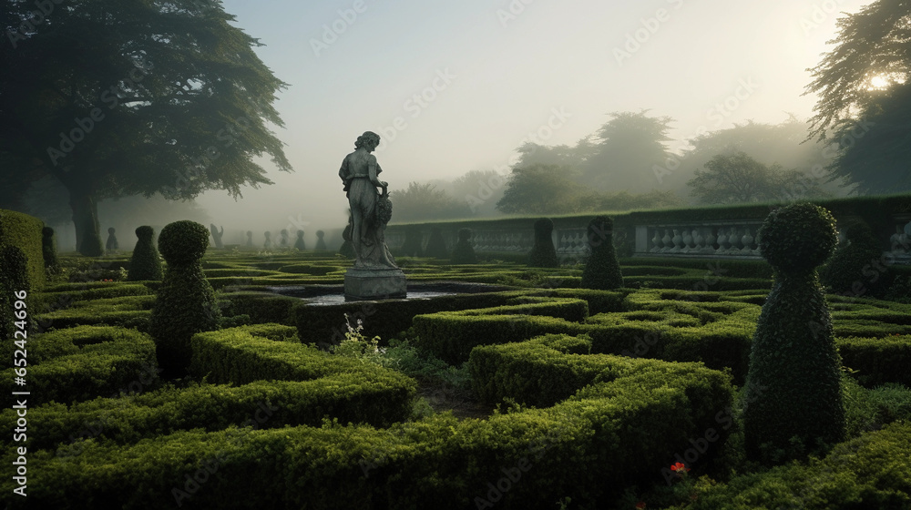 formal English garden, meticulously pruned rose bushes, labyrinth of boxwood hedges, classical stone statues, overcast lighting - obrazy, fototapety, plakaty 