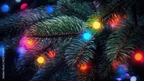 colorful Christmas lights on pine boughs in a horizontal format, Holiday-themed image as a JPG. generative ai