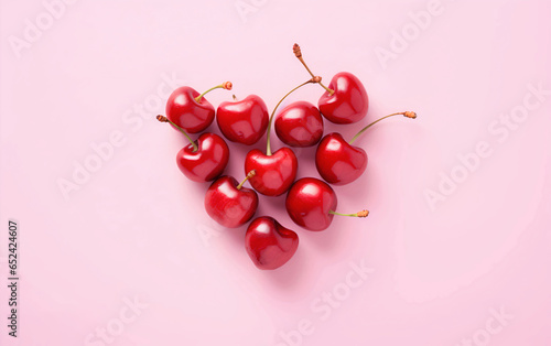 Beautiful fresh and tasty cherries arranged in the shape of heart on a pink background