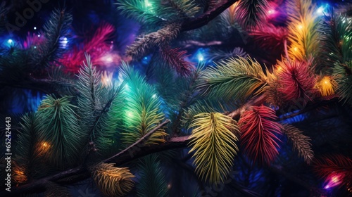 colorful Christmas lights on pine boughs in a horizontal format, Holiday-themed image as a JPG. generative ai