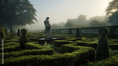 formal English garden, meticulously pruned rose bushes, labyrinth of boxwood hedges, classical stone statues, overcast lighting