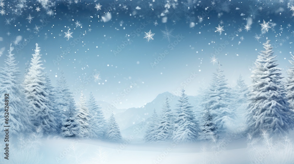 a horizontal snow scene with pine trees and falling snow with space for copy in a Winter-themed illustration as a JPG. Generative ai