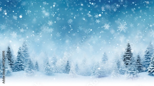 a horizontal snow scene with pine trees and falling snow with space for copy in a Winter-themed illustration as a JPG. Generative ai © Purple Penguin GFX
