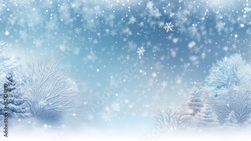 a horizontal snow scene with pine trees and falling snow with space for copy in a Winter-themed illustration as a JPG. Generative ai