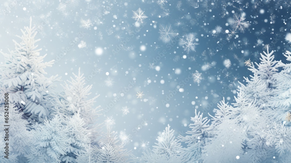 a horizontal snow scene with pine trees and falling snow with space for copy in a Winter-themed illustration as a JPG. Generative ai a horizontal snow scene with pine trees and falling snow with space for copy in a Winter-themed illustration as a JPG. Generative ai