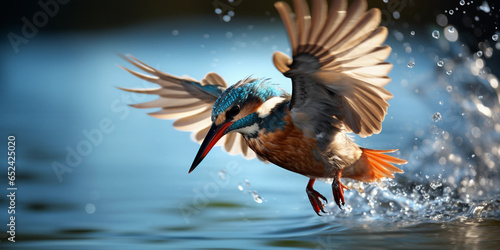 Spectacular image of a kingfisher diving for a catch  action frozen in time  every water droplet visible