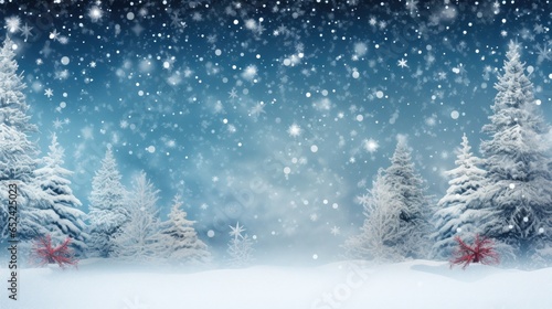 a Horizontal format winter scene with snowflakes and trees, against a blue sky in winter-themed, photorealistic illustrations in JPG.  Generative ai © Purple Penguin GFX