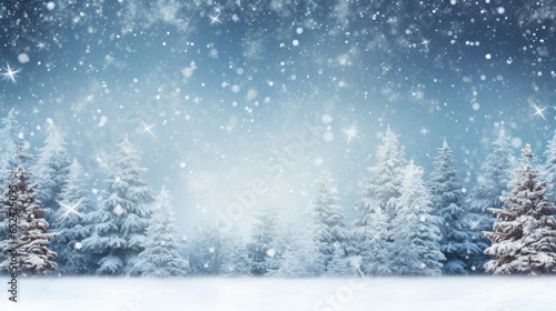 a Horizontal format winter scene with snowflakes and trees, against a blue sky in winter-themed, photorealistic illustrations in JPG.  Generative ai © Purple Penguin GFX