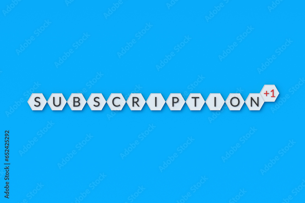Naklejka premium Word subscription +1 on hexagons. Registration concept. Popularity of blogger, streamer. Join to community. Subscribing to an online newsletter. Social network statistics. 3d render