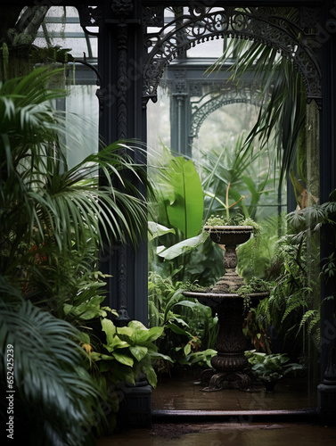 Victorian glasshouse garden, variety of tropical and subtropical flora, ironwork details, soft light filtering through glass