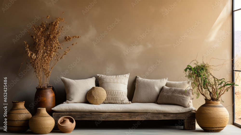 Warm neutral wabi-sabi style interior mockup with low sofa and plants. - obrazy, fototapety, plakaty 