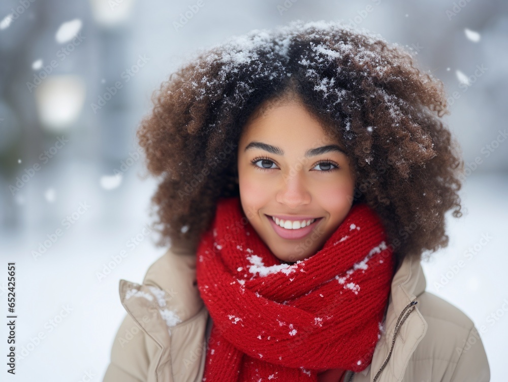 Close up of a beautiful African American young woman with red scarf smiling on blurred snowy winter morning background, with copy space, snowing cold weather, flying snow flakes. Close up of a beautiful African American young woman with red scarf smiling on blurred snowy winter morning background, with copy space, snowing cold weather, flying snow flakes.